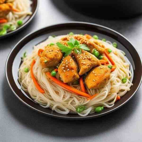 Рисовая лапша с овощами и курицей
